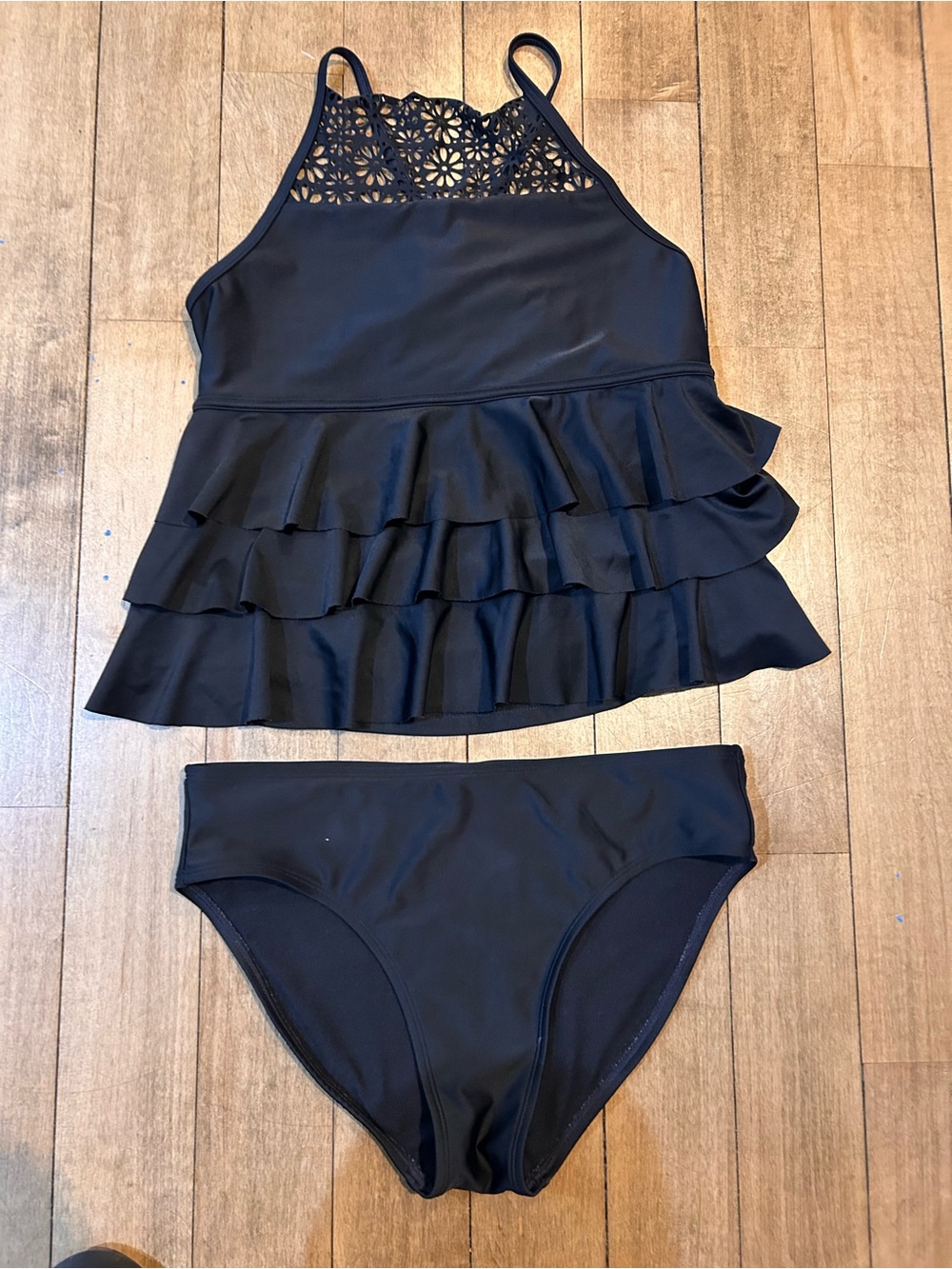 Girls Black Ruffle Tankini Swim Set